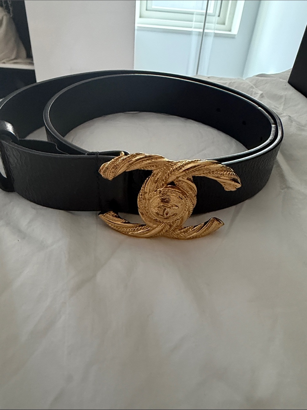 Authentic Chanel Black Leather Belt with Gold Interlocking Logo Buckle- Size 80